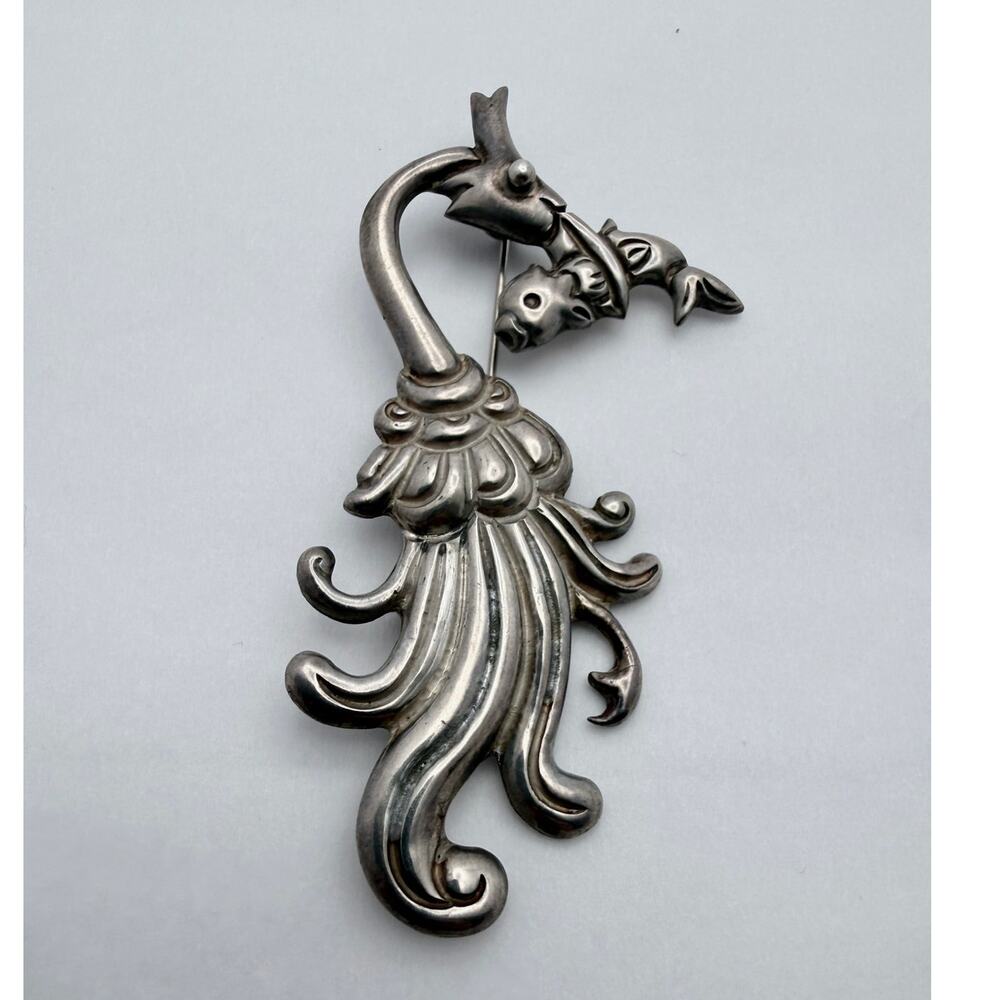 Antique 30s Taxco 980 Silver Repoussé Surrealist Dragon Brooch Pre-Eagle